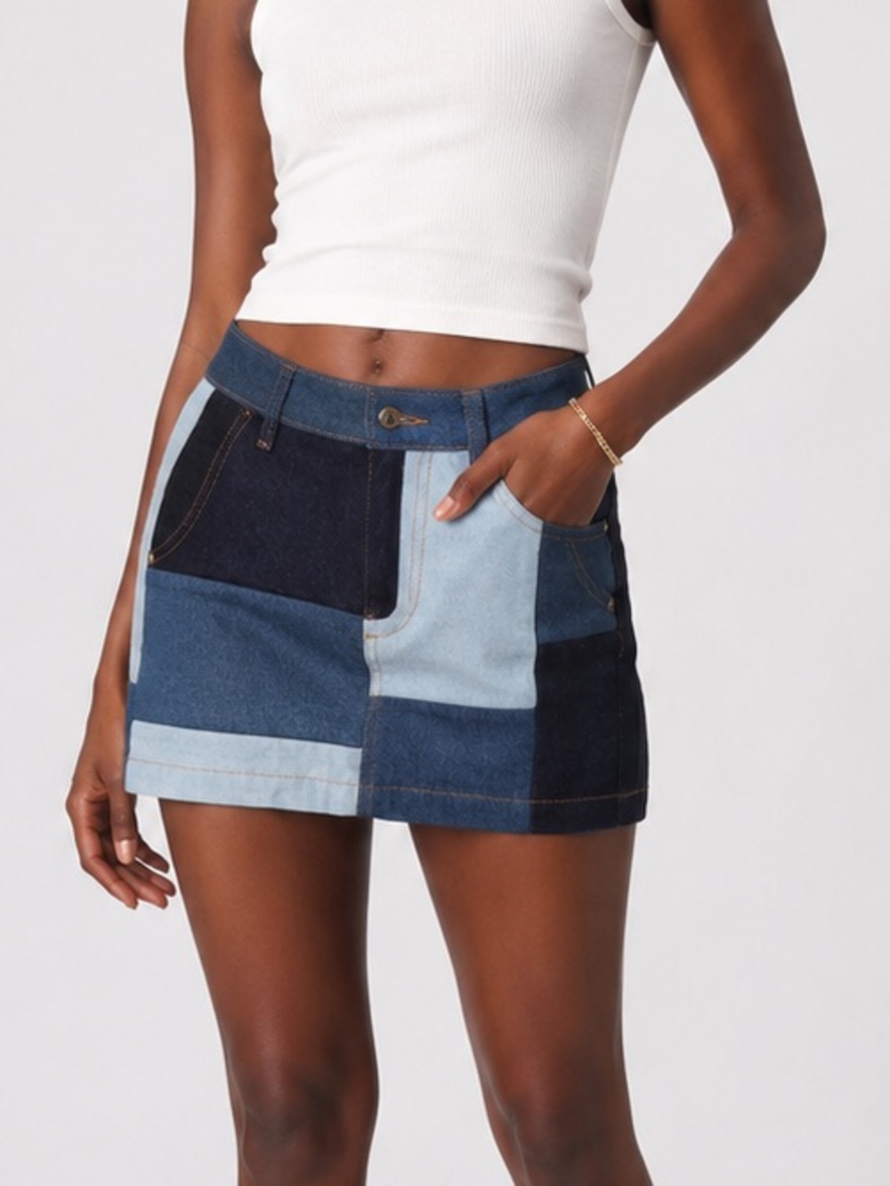 Revolve brand Patchwork Denim Mini Skirt in Blue and Cream NWOT
